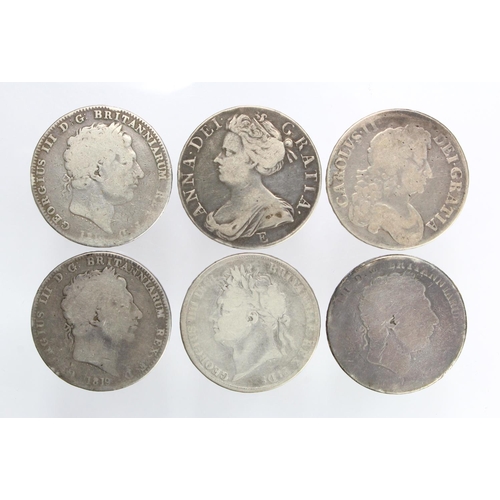 2139 - GB Crowns (6) 1673, 1708E, George III date worn, 181?, 1819 & 1821. Poor - VG with the 1708E showing... 