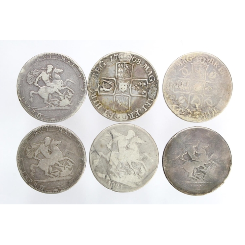 2139 - GB Crowns (6) 1673, 1708E, George III date worn, 181?, 1819 & 1821. Poor - VG with the 1708E showing... 