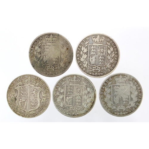 2167 - GB Halfcrowns (5) 1845, 1850 x2, 1885 & 1909. VG - GF