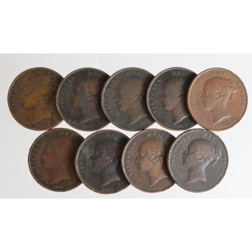 2175 - GB Pennies (10) all Queen Victoria large copper 1856 (rare date): 6x PT and 4x OT, Fair to Fine.