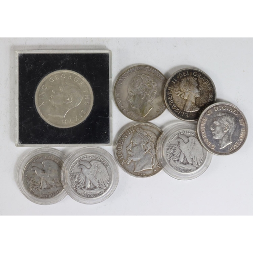 2319 - World Silver Coins (8) Half Dollar and Crown-size, 19th-20thC, mixed grade.