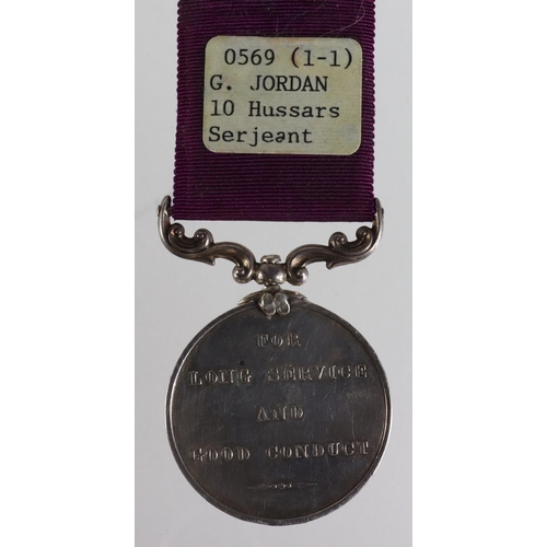 234 - Army LSGC Medal QV named (1161 Serjt Geo'e Jordan 10th Hussars). With copy service papers, born Duns... 