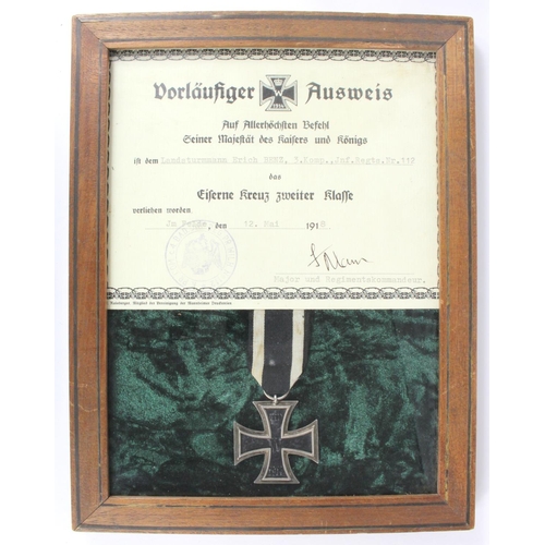 571 - Framed WW1 Imperial German Iron Cross 2nd Class & Award Certificate. The medal is a 3 part construct... 