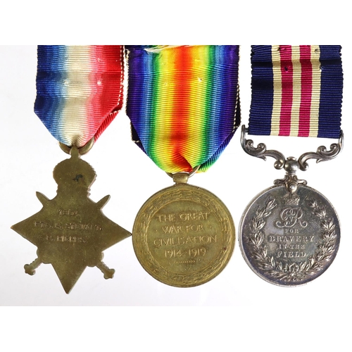 916 - Military Medal (265423 Cpl A C Stewart 1/6 R.Hdrs - T.F.), 1915 Star and Victory Medal (1804 Pte A S... 