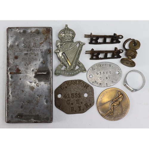 931 - Misc. Military (8) an assortment including ID tags (two to L. Hanson 41531 C.E. R.I.R.), 3x badges, ... 