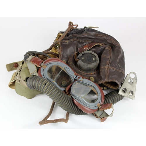 984 - RAF WW2 C type flying helmet with head phones wiring MK 8 flying goggles and H type oxygen mask.