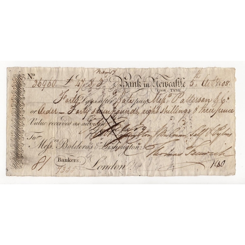 450 - Newcastle, Bank in Newcastle upon Tyne, 40 Day Sight Note dated 1808 for 47 Pounds 8 Shillings & 3 P... 