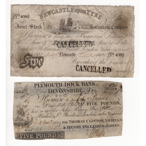 451 - Provincial notes (2), Newcastle upon Tyne 5 Pounds dated 1838, No. 4082 stamped 'Cancelled' on obver... 