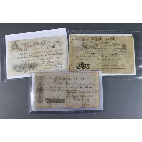 452 - Skit notes (3), Bank of Henley 3 Pence dated 1792 (Outing4004b) thin paper with holes and tears, Fai... 