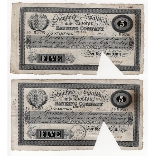 455 - Stamford Spalding & Boston Banking Company 5 Pounds (2) dated 1st September 1904, consecutively numb... 