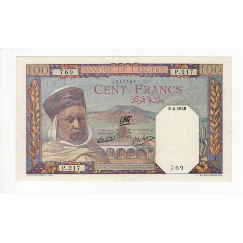 477 - Algeria 100 Francs dated 9th April 1940, serial P.217 769 (TBB B131a, Pick85) EF