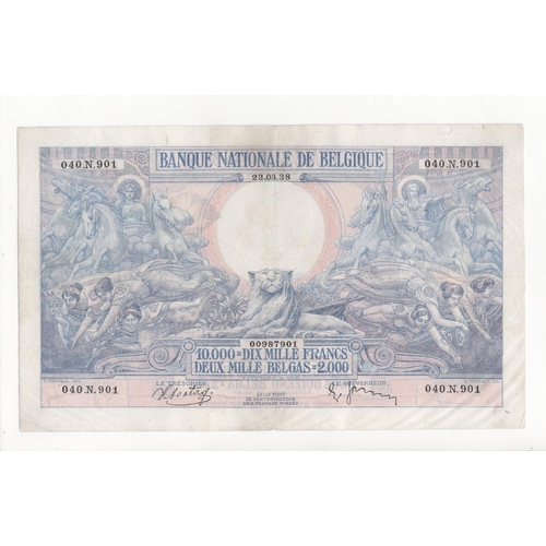 501 - Belgium 10000 Francs = 2000 Belgas dated 23rd March 1938, serial 040. N. 901 (TBB B568b, Pick105) cl... 