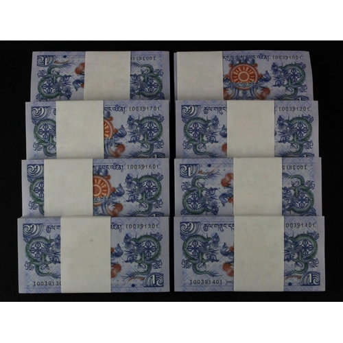 510 - Bhutan 1 Ngultrum (800) dated 2013, 8 full bundles of 100 consecutively numbered notes (TBB B216b, P... 