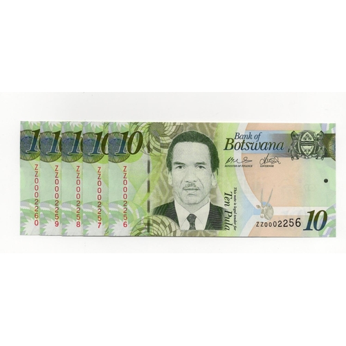 511 - Botswana 10 Pula (5) dated 2009, a consecutively numbered run of REPLACEMENT notes 'ZZ' prefix, seri... 