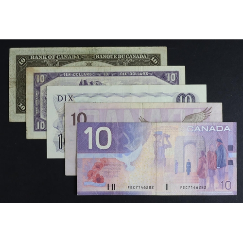 530 - Canada 10 Dollars (5), a range of 5 different issues dated 1937, 1954, 1971, 1989, 2001, Fine