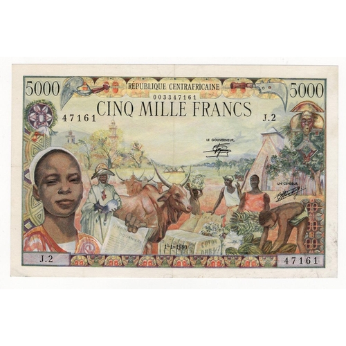 541 - Central African Republic 5000 Francs dated 1st January 1980, serial J.2 47161 (TBB B107a, Pick11) go... 