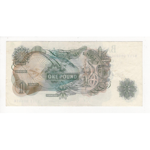 75 - Fforde 1 Pound issued 1967, rare FIRST RUN 'B11Y' prefix, serial B11Y 904014 (B301, Pick374e) Fine+ ... 