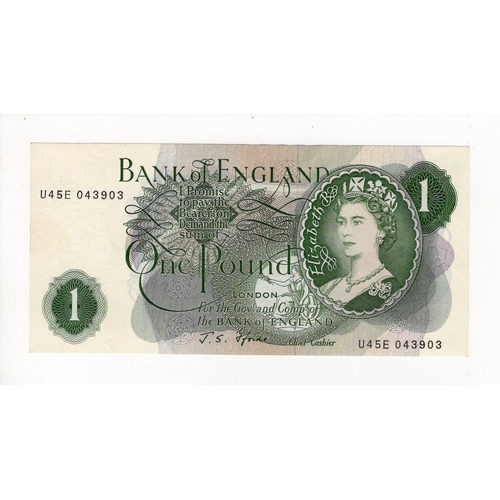 81 - Fforde 1 Pound issued 1967, very scarce LAST RUN note 'U45E' prefix, scarcer issue with 'G' on rever... 