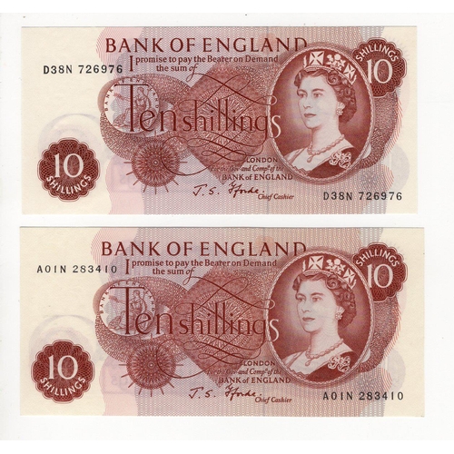 84 - Fforde 10 Shillings (2) issued 1967, FIRST RUN 'A01N' prefix and LAST RUN 'D38N' prefix, serial A01N... 