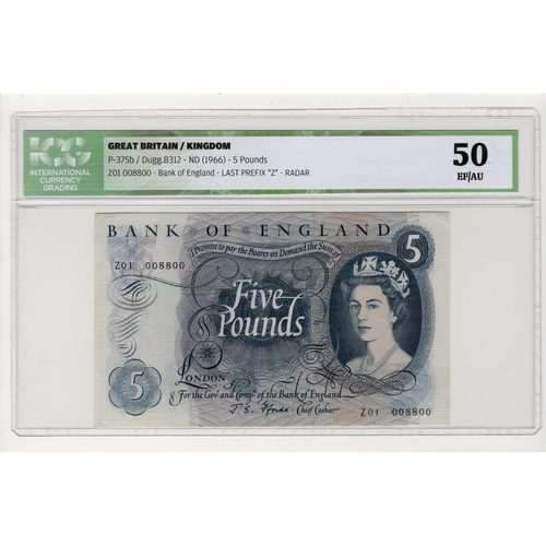 90 - Fforde 5 Pounds issued 1967, first prefix of LAST SERIES 'Z01' with RADAR serial number, serial Z01 ... 