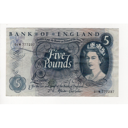 91 - Fforde 5 Pounds issued 1967, rare FIRST RUN REPLACEMENT note '01M' prefix, serial 01M 777237 (B315, ... 