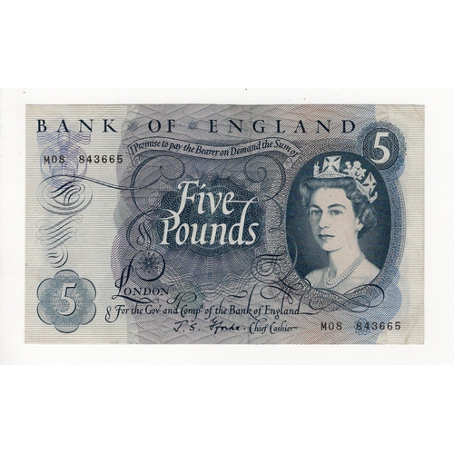 92 - Fforde 5 Pounds issued 1967, rare FIRST RUN REPLACEMENT note 'M08' prefix, serial M08 843665 (B313, ... 