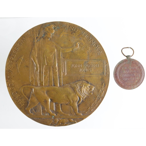 1369 - Death Plaque and Victory Medal (medal badly tarnished) to 8648 Pte John Joseph Jones 2nd Bn Ox & Buc... 