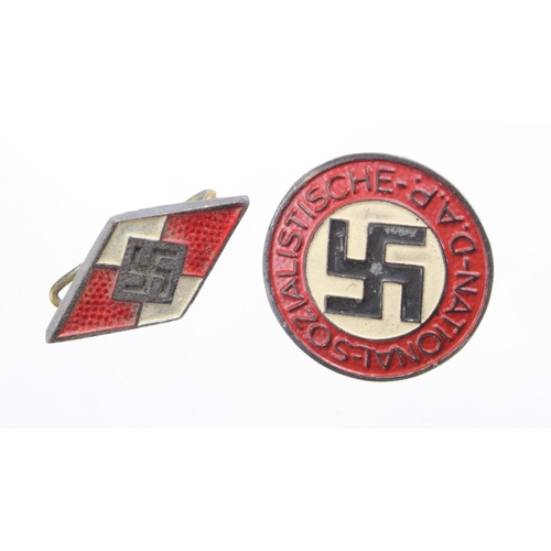 1492 - German National Socialist Party badge with Hitler Youth enamel pin lapel badge.