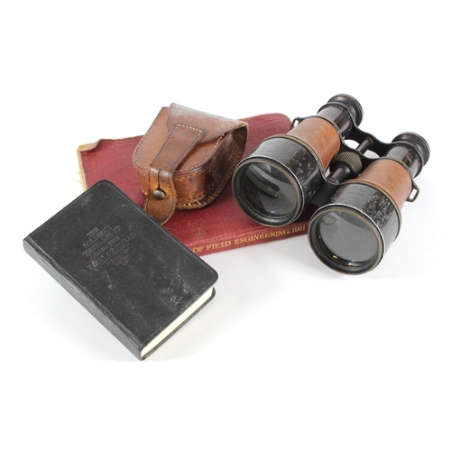 1942 - WW1 fluid filed pocket compass with soldiers bible and pair of WW1 binoculars and 1914 manual Field ... 