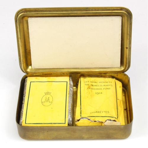 1961 - WW1 Princess Mary brass gift tin with original packets of tobacco and cigarettes with 1914 Mary gift... 