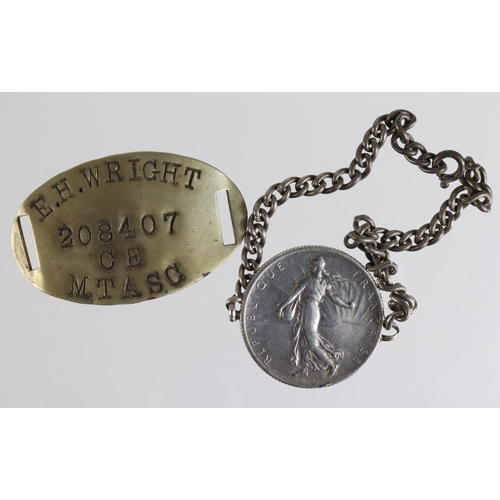 1965 - WW1 silver ID bracelet made from a silver French coin engraved 'G/38991 L/Cpl H J Hardt, 3rd I.L.Co.... 