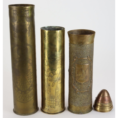 1967 - WW1 Trench Art shell case Vases (x3) engraved 'Champagne 1918', 'Suovenire D'Ypres MP', and Souvenir... 