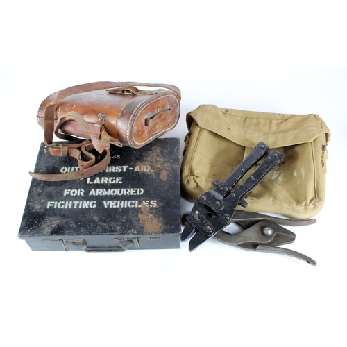 1976 - WW2 British Army equipment including binoculars in leather case, armed fighting vehicle first aid ti... 