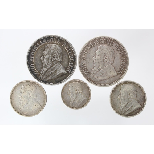 538 - South Africa (5) ZAR Kruger silver: 2x Halfcrowns: 1895, 1896, 2x Shillings 1896, and a Sixpence 189... 