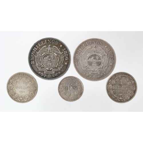 538 - South Africa (5) ZAR Kruger silver: 2x Halfcrowns: 1895, 1896, 2x Shillings 1896, and a Sixpence 189... 