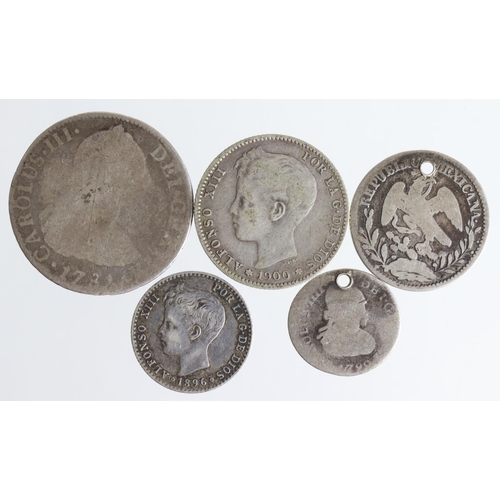 540 - Spain and colonies (5) silver coins 18th-19thC, low to middle grade, two holed.