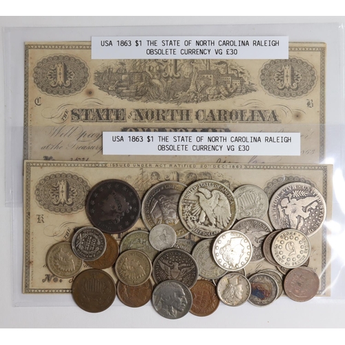 545 - USA (30) 19th-20thC assortment, noted: Dime 1854 arrows GVF, Nickels: 1868 VF, 1869 F, 1884 EF, a fe... 