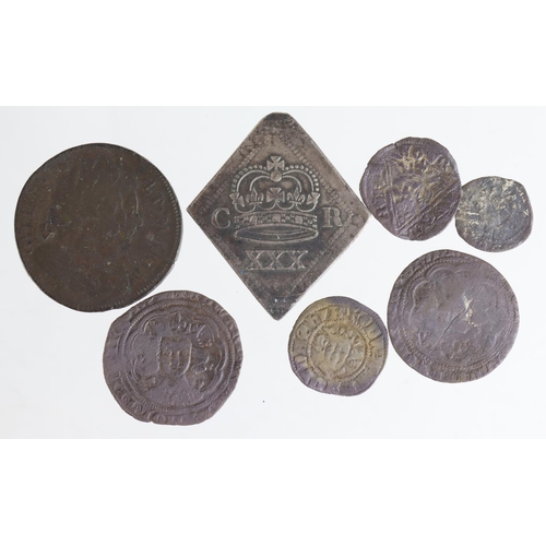 640 - English Hammered and other coins (7) noted a Dublin Penny of Edward I S.6264 dark crinkled aF, a cou... 