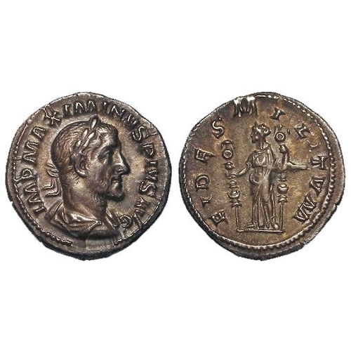 709 - Roman Imperial, Maximinus Thrax AR Denarius, Fides Militum type, 2.86g, toned EF with an old ticket.