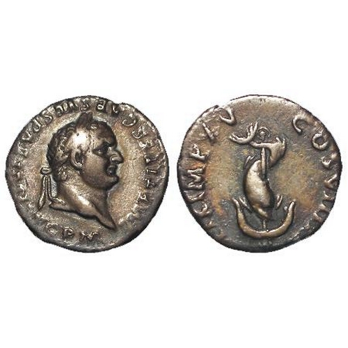 713 - Roman Imperial, Titus AR Denarius, dophin & anchor type, 2.95g, VF