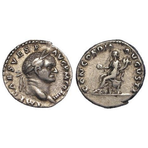 719 - Roman Imperial, Vespasian AR Denarius, Concordia seated l. type,3.33g, VF-GVF, some old scratches.