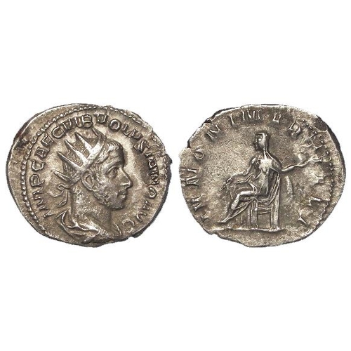 720 - Roman Imperial, Volusian (251-253 AD) AR Antoninianus, Juno seated with globe type, RIC 177, R2, VF