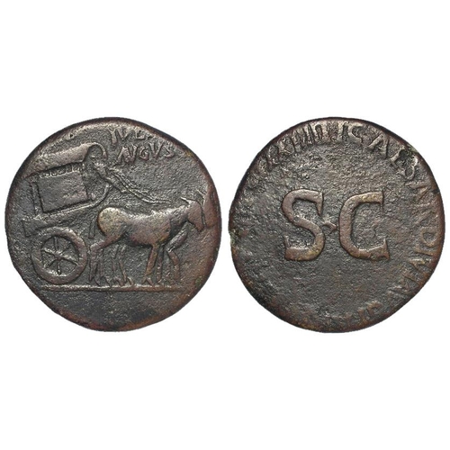 721 - Roman Imperial: Livia sestertius, Rome Mint 22-23 A.D., obverse:- Carpentum drawn right by two mules... 