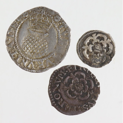 728 - Stuart Silver Minors (3): James I Halfgroat, Second Coinage, mm. Rose, S.2659 aVF; Charles I Rose Pe... 