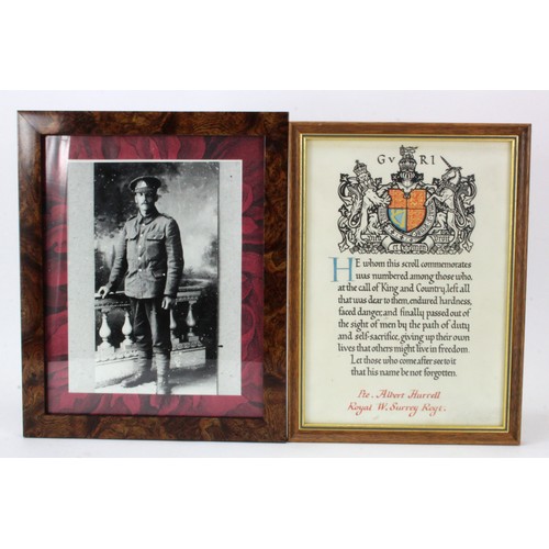 1952 - WW1 memorial scroll with copy portrait photo and research to G/21090 Pte Albert Hurrell Queen's Roya... 