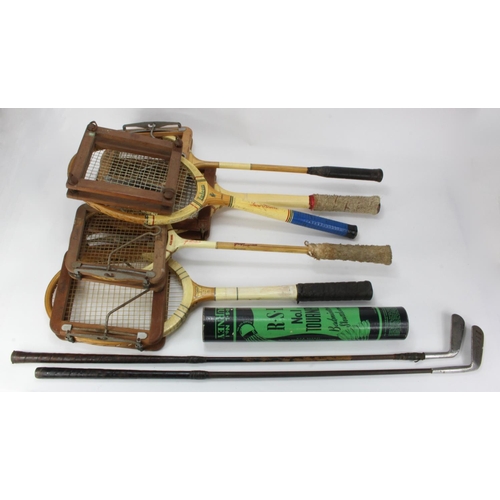 1005 - Tennis/ badminton rackets and golf clubs.  A collection of  tennis/badminton rackets by makers to in... 