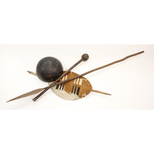 1013 - Tribal interest. Four tribal items, comprising knobkerrie (length 62.5cm approx.), spear (length 53 ... 