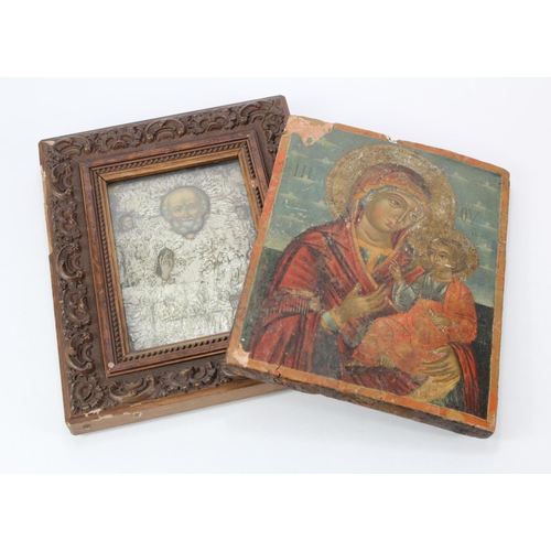 1014 - Two Icons depicting Madonna & Child; & a Saint (label to reverse of second named Icon, reads  'Sebas... 