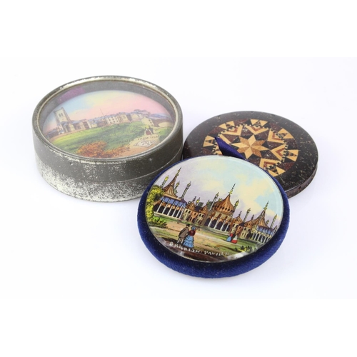 1017 - Two Victorian reverse glass pin cushions, depicting 'Brighton Pavillion' & 'Cromer, from Lighthouse'... 