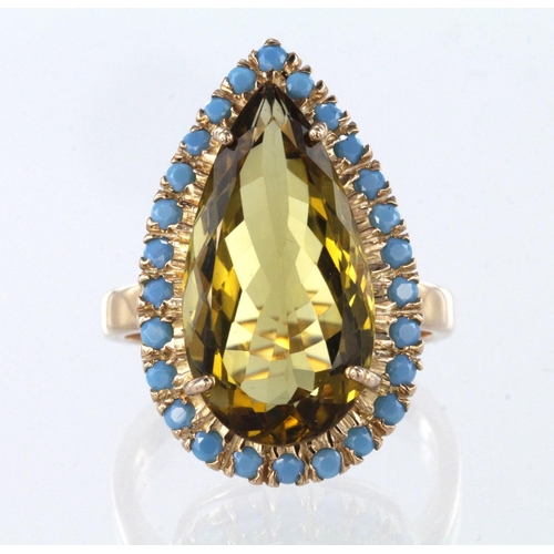 102 - Pear Shape Madiera Citrine Gemstone (12ct) Ring With Turquoise Gemstones, size T in rose gold plated... 